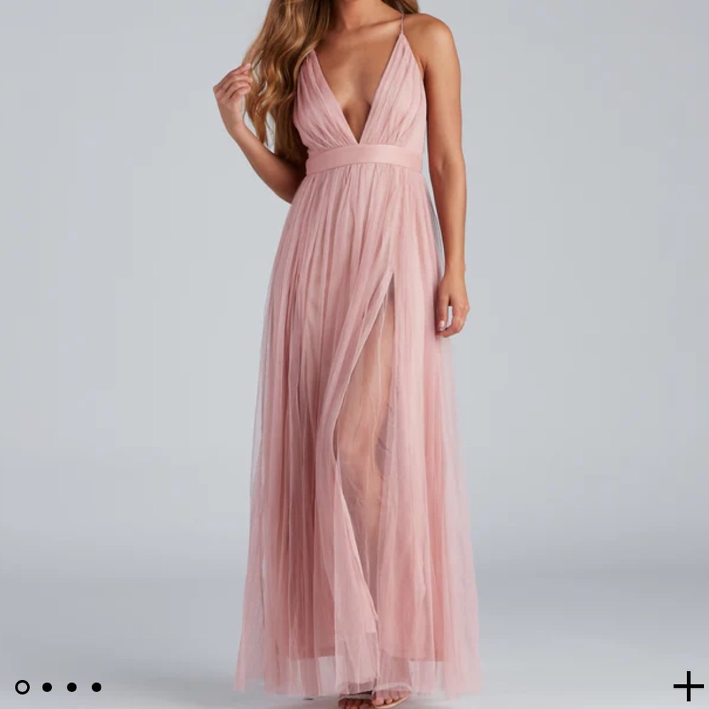 Mauve Pleated Tulle Maxi Dress with Two Side Slits